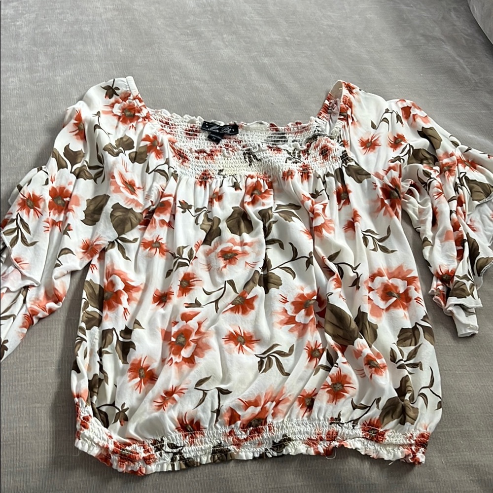 Multicolored off the shoulder puff sleeve blouse with smocked tie front